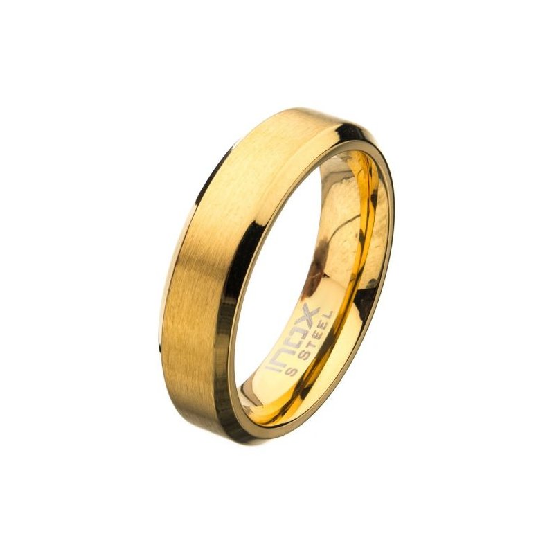INOX Jewelry Matte Stainless Steel 6mm Gold IP Beveled Wedding Band Ring