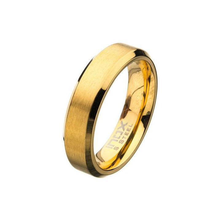INOX Jewelry Matte Stainless Steel 6mm Gold IP Beveled Wedding Band Ring