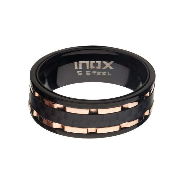 INOX Jewelry Black Carbon Fiber Hammered Ring with Rose Gold IP Lines