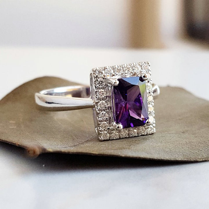 Amethyst Radiant Halo Ring