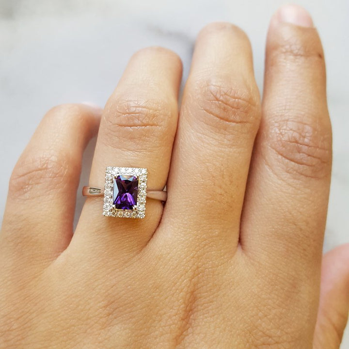 Amethyst Radiant Halo Ring