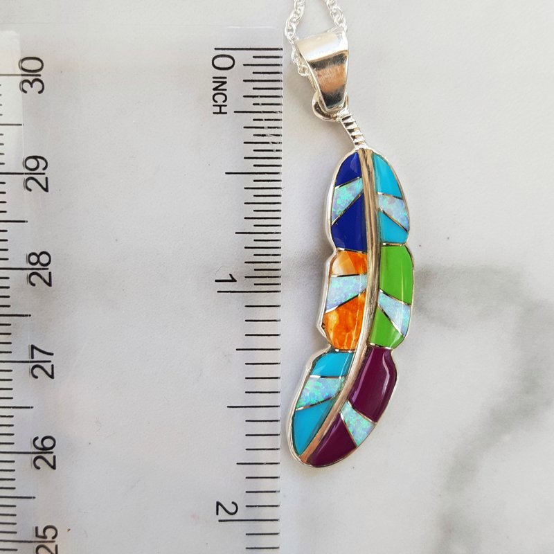 Sterling Silver Arizona Turquoise and Inlaid Jewelry Multicolored Feather Pendant