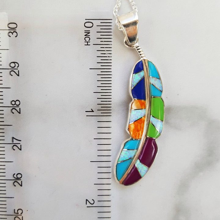 Sterling Silver Arizona Turquoise and Inlaid Jewelry Multicolored Feather Pendant