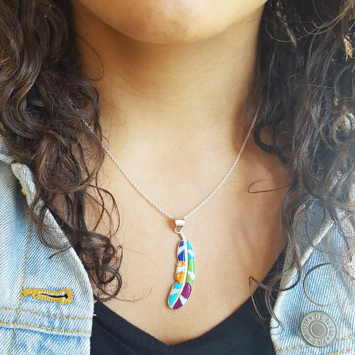 Sterling Silver Arizona Turquoise and Inlaid Jewelry Multicolored Feather Pendant