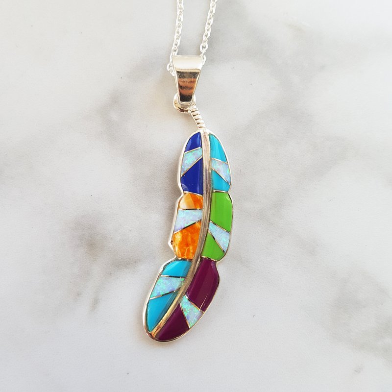 Sterling Silver Arizona Turquoise and Inlaid Jewelry Multicolored Feather Pendant