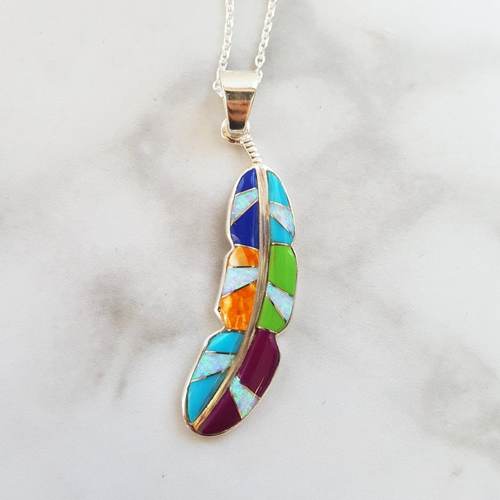 Sterling Silver Arizona Turquoise and Inlaid Jewelry Multicolored Feather Pendant