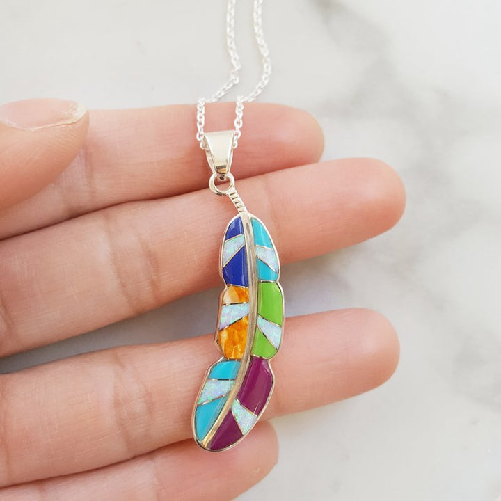 Sterling Silver Arizona Turquoise and Inlaid Jewelry Multicolored Feather Pendant