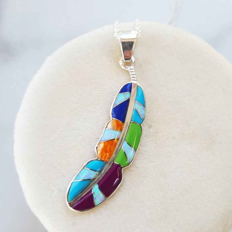 Arizona Turquoise and Inlaid Jewelry Multicolored Feather Pendant 2412232