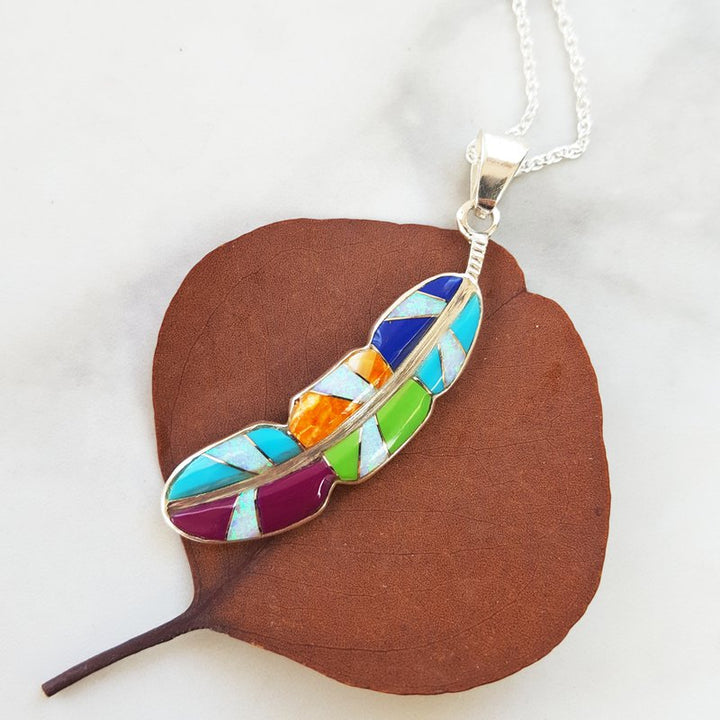 Sterling Silver Arizona Turquoise and Inlaid Jewelry Multicolored Feather Pendant