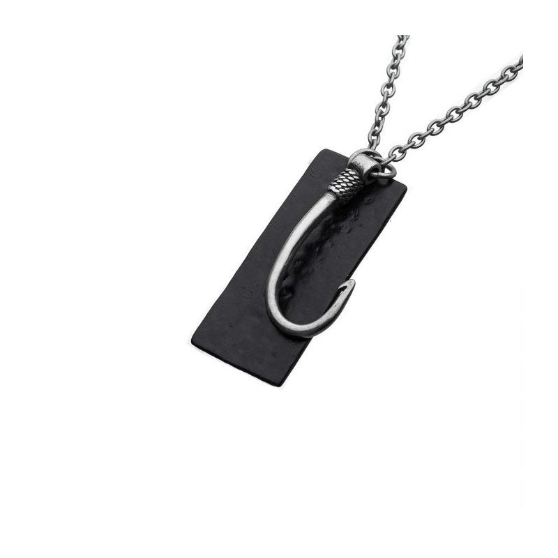 INOX Jewelry Stainless Steel Antiqued Finish Fish Hook & Black IP Tag Pendant with chain