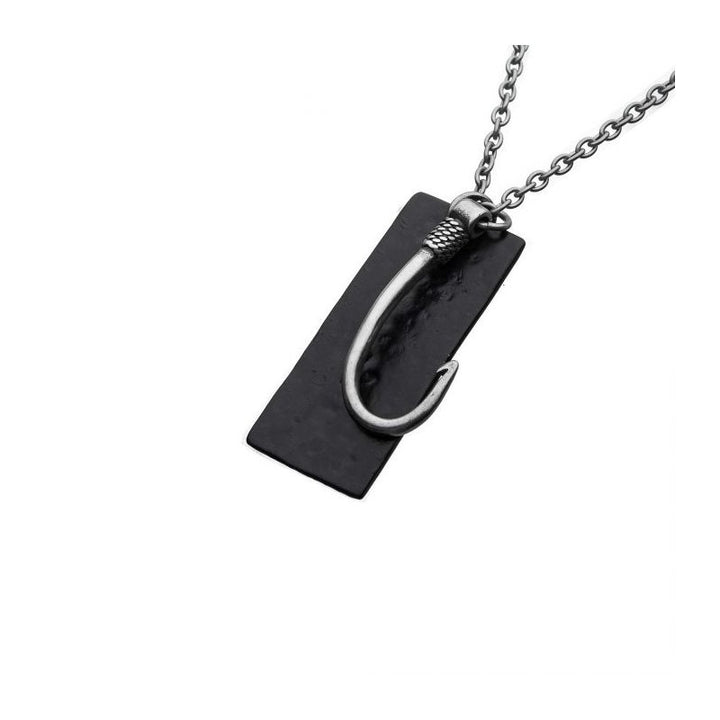 INOX Jewelry Stainless Steel Antiqued Finish Fish Hook & Black IP Tag Pendant with chain