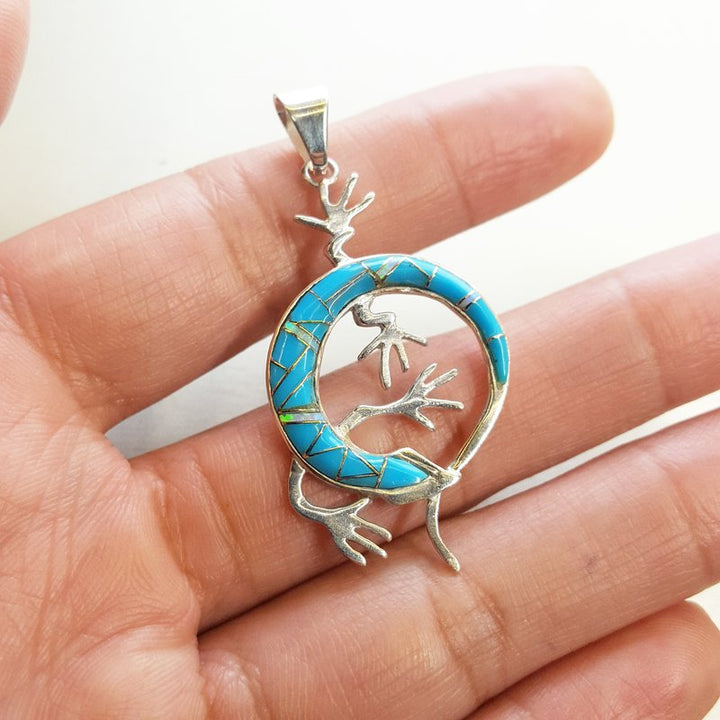 Arizona Turquoise and Inlaid Jewelry Circle Gecko Pendant