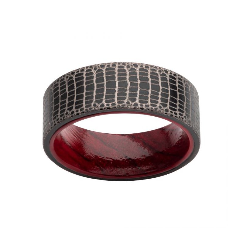INOX Jewelry Titanium Black IP with Reptile Skin Pattern with Inner Rosewood Comfort Fit Ring