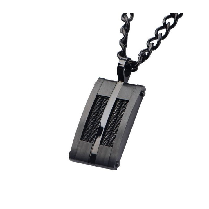 INOX Jewelry Black IP & Cable Inlayed Dog Tag Pendant with Chain