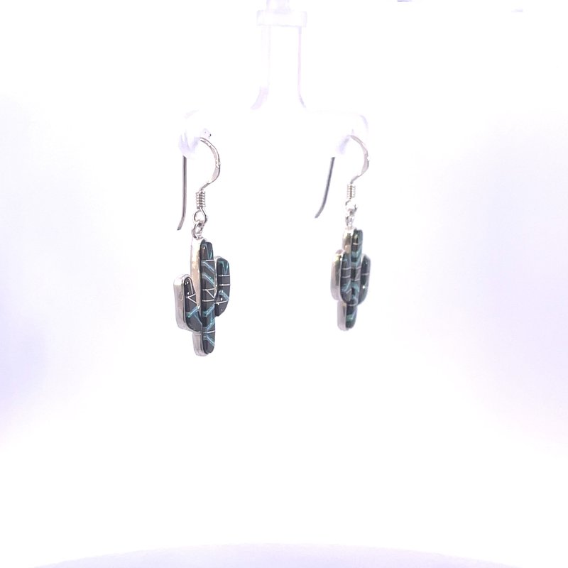 Arizona Turquoise and Inlaid Jewelry Onyx and Created Opal Saguaro Cactus Dangle Earrings