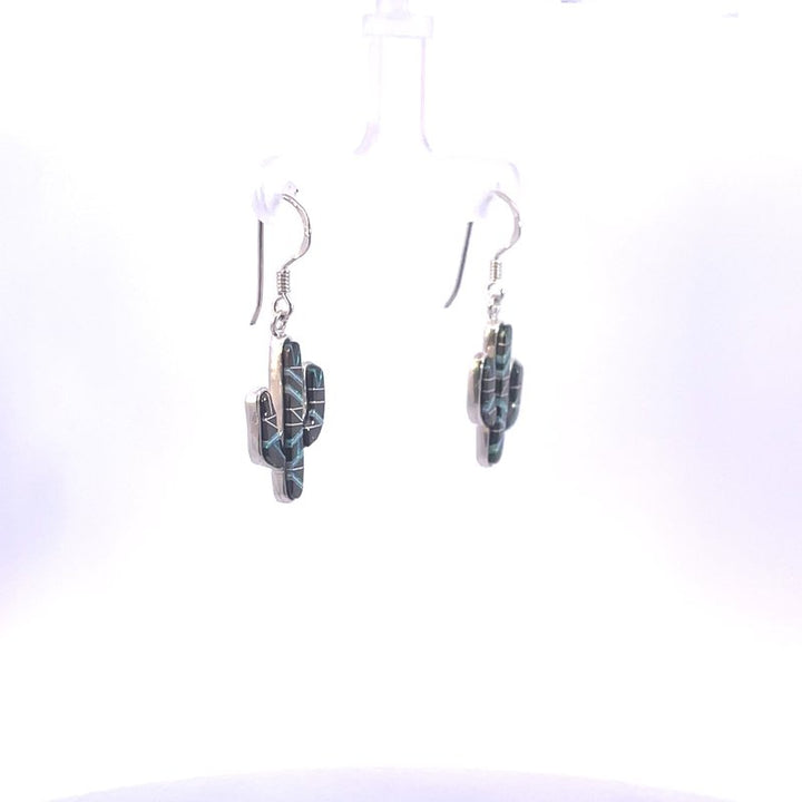 Arizona Turquoise and Inlaid Jewelry Onyx and Created Opal Saguaro Cactus Dangle Earrings