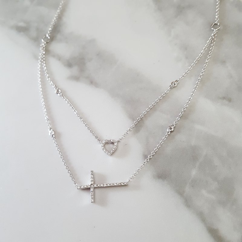 Gems One Diamond Cross & Heart Double Strand Layer Necklace In 14k Gold (1/5ctw) NK10187-4WC