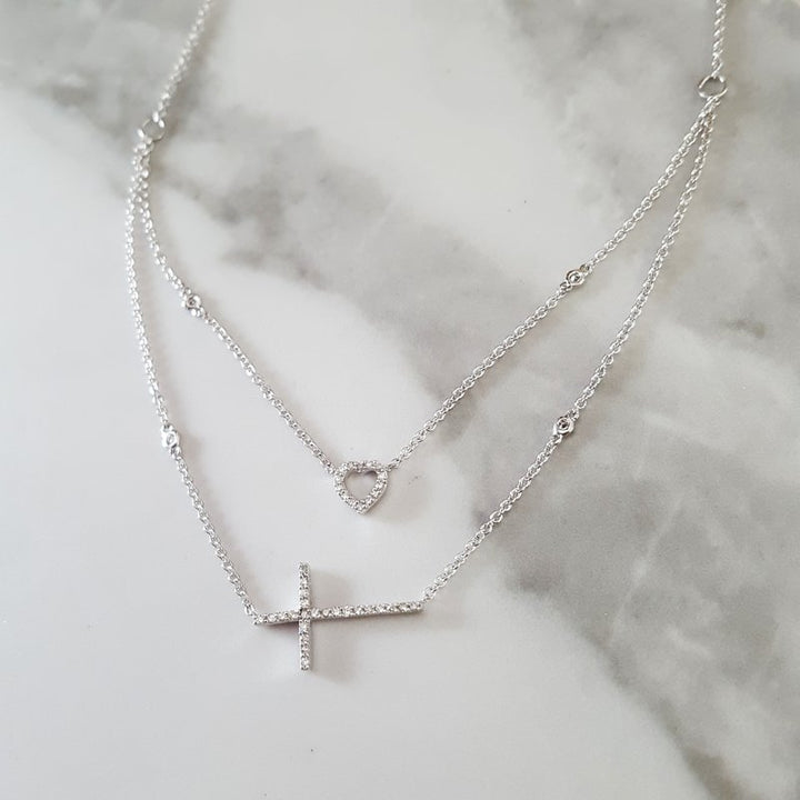 Gems One Diamond Cross & Heart Double Strand Layer Necklace In 14k Gold (1/5ctw) NK10187-4WC