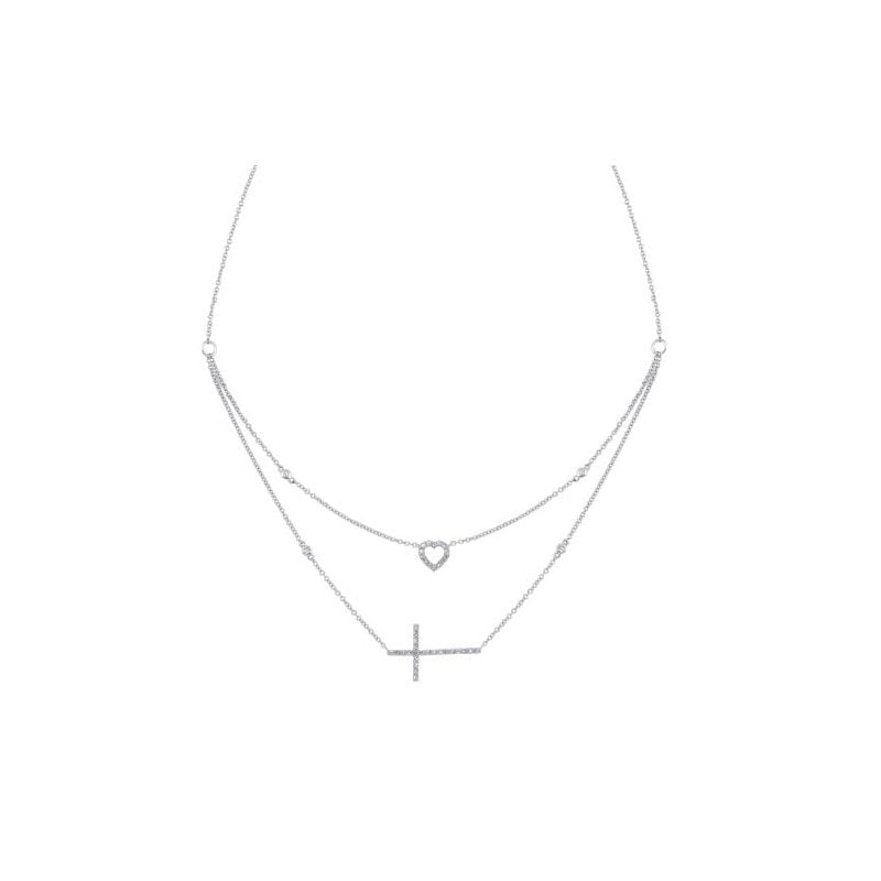 Gems One Diamond Cross & Heart Double Strand Layer Necklace In 14k Gold (1/5ctw)