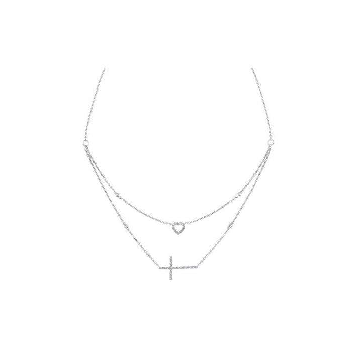 Gems One Diamond Cross & Heart Double Strand Layer Necklace In 14k Gold (1/5ctw)