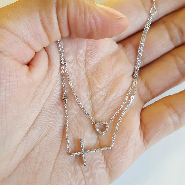 Gems One Diamond Cross & Heart Double Strand Layer Necklace In 14k Gold (1/5ctw)