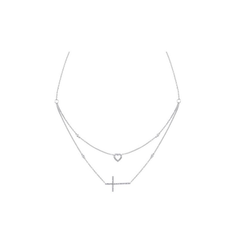 Gems One Diamond Cross & Heart Double Strand Layer Necklace In 14k Gold (1/5ctw)
