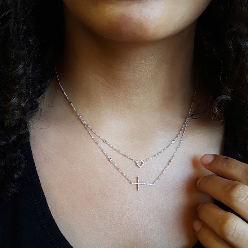 Gems One Diamond Cross & Heart Double Strand Layer Necklace In 14k Gold (1/5ctw)