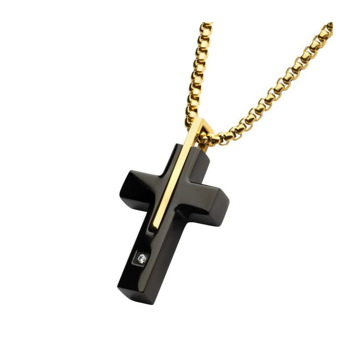INOX Jewelry 18Kt Gold IP Stainless Steel Two Tone Black IP Lab-Grown Diamond Cross Pendant with Box Chain