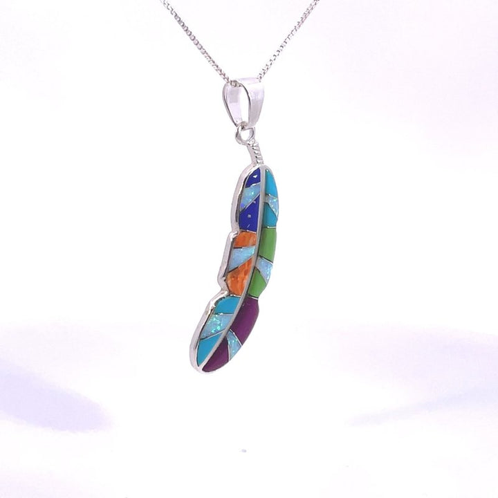 Sterling Silver Arizona Turquoise and Inlaid Jewelry Multicolored Feather Pendant