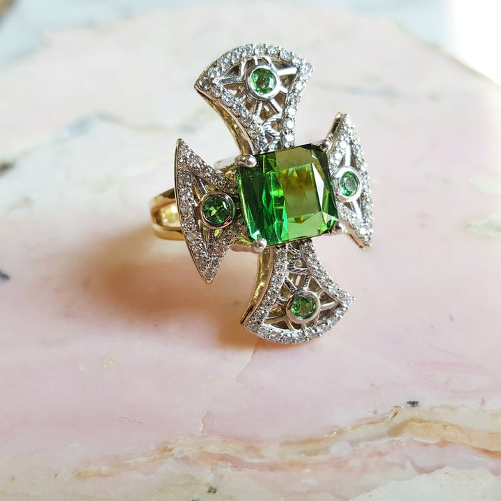 Luxury by Rene Hernandez Gothic Green Cross Ring