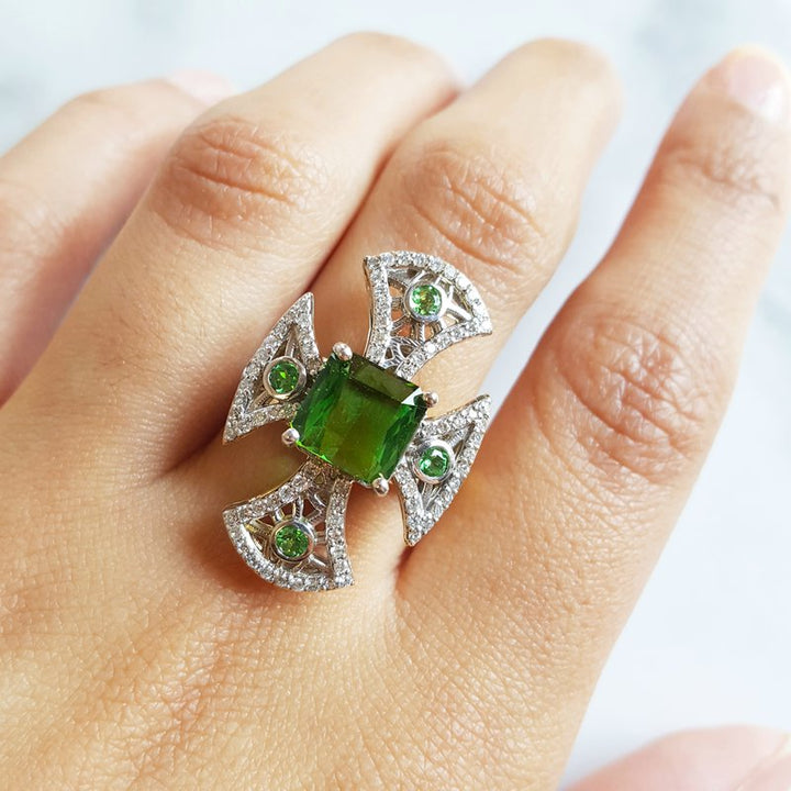 Luxury by Rene Hernandez Gothic Green Cross Ring