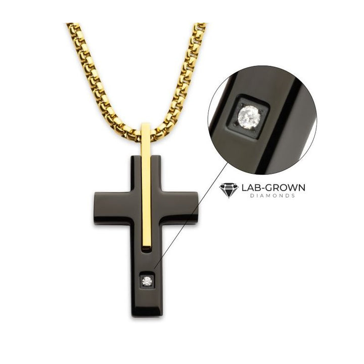 INOX Jewelry 18Kt Gold IP Stainless Steel Two Tone Black IP Lab-Grown Diamond Cross Pendant with Box Chain DMSSP19238NK