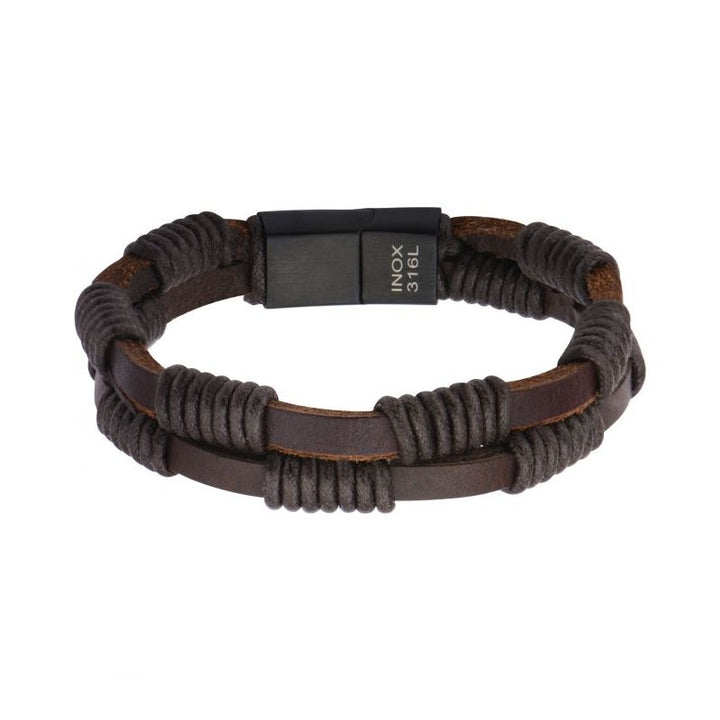 INOX Jewelry Double Brown Leather Bracelet with Rope BRLT05