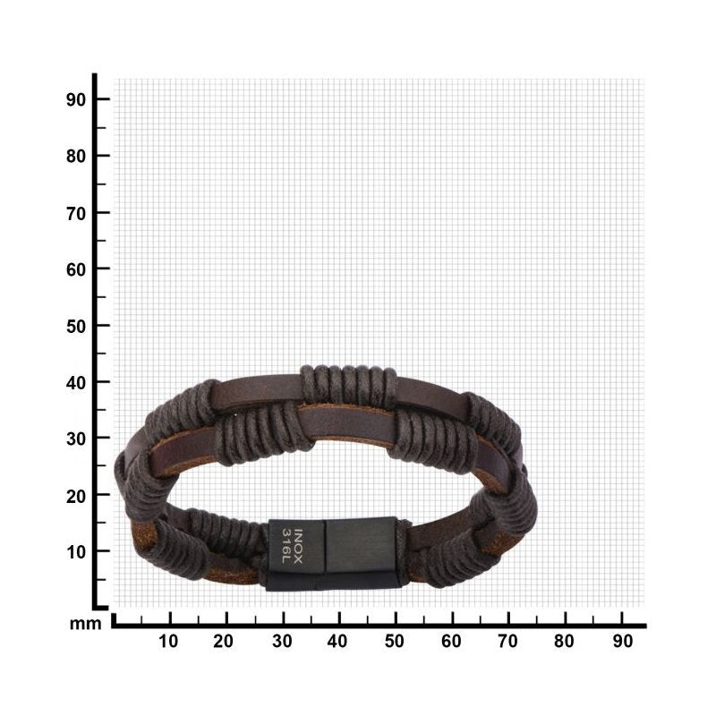 INOX Jewelry Double Brown Leather Bracelet with Rope