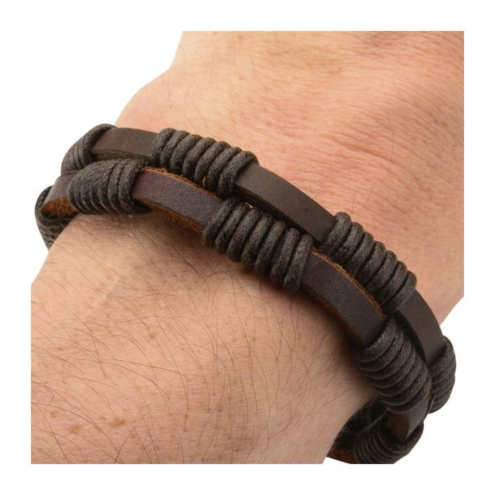 INOX Jewelry Double Brown Leather Bracelet with Rope