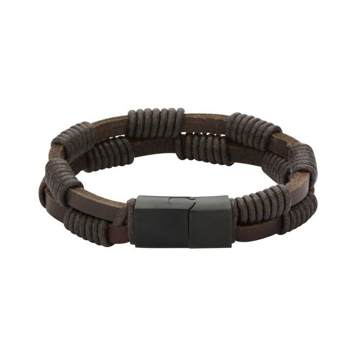 INOX Jewelry Double Brown Leather Bracelet with Rope