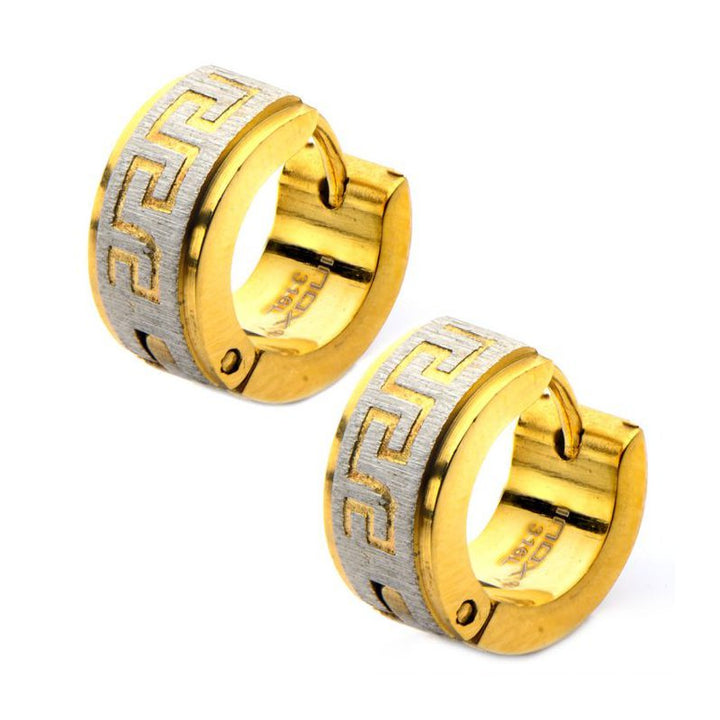 INOX Jewelry Plated Gold Greek Key Huggies Earrings