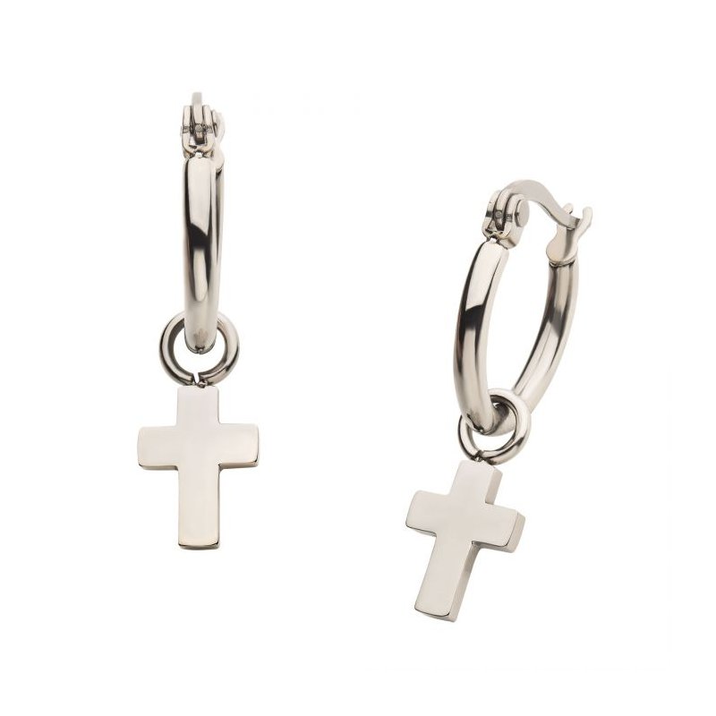 INOX Jewelry Stainless Steel Hoop with Cross Dangle Earrings SSEH112