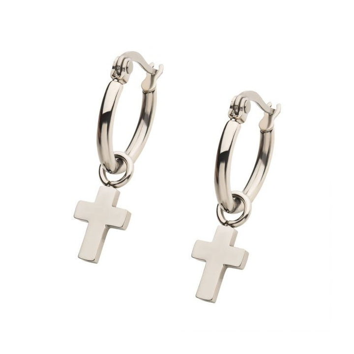 INOX Jewelry Stainless Steel Hoop with Cross Dangle Earrings