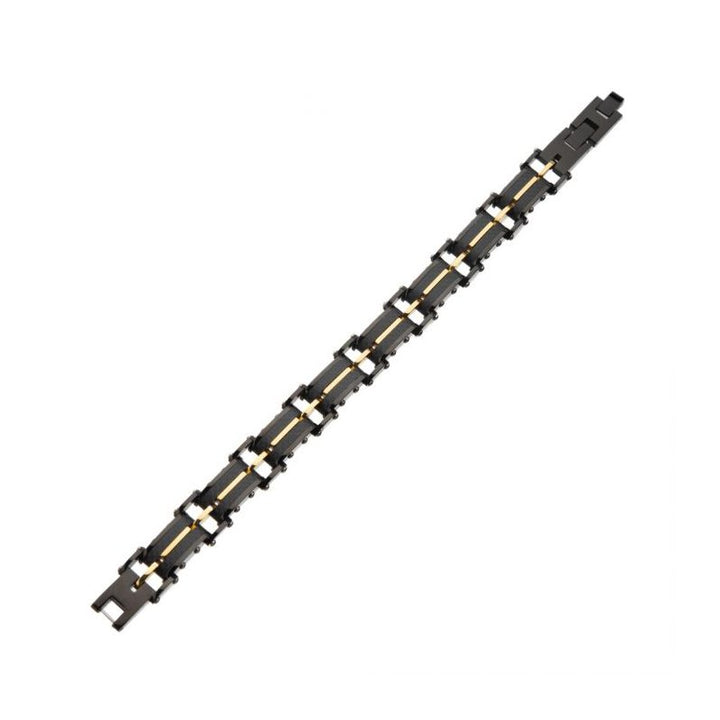 INOX Jewelry Black Carbon Fiber & Gold IP Link Bracelet