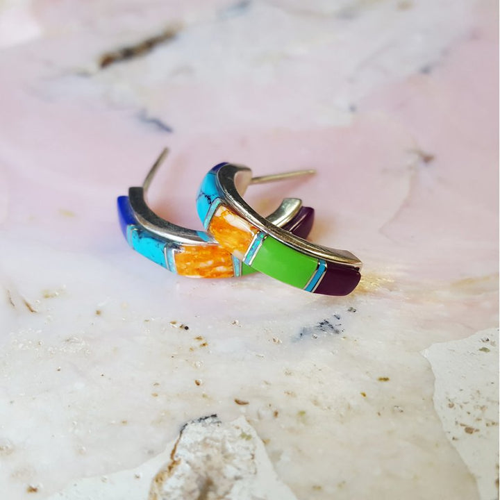 Arizona Turquoise and Inlaid Jewelry Multicolor AZ Turquoise Half Hoops 2411135