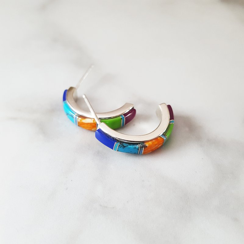 Sterling Silver Arizona Turquoise and Inlaid Jewelry Multicolor AZ Turquoise Half Hoops