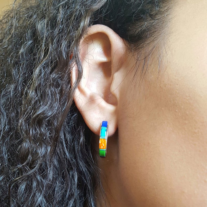 Sterling Silver Arizona Turquoise and Inlaid Jewelry Multicolor AZ Turquoise Half Hoops