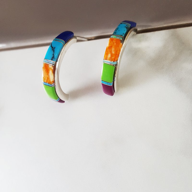 Sterling Silver Arizona Turquoise and Inlaid Jewelry Multicolor AZ Turquoise Half Hoops