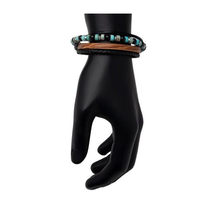 INOX Jewelry Brown & Black Full Grain Cowhide Leather with Black Onyx & Green Emperor Stone Bead Multi-Strand Bracelet