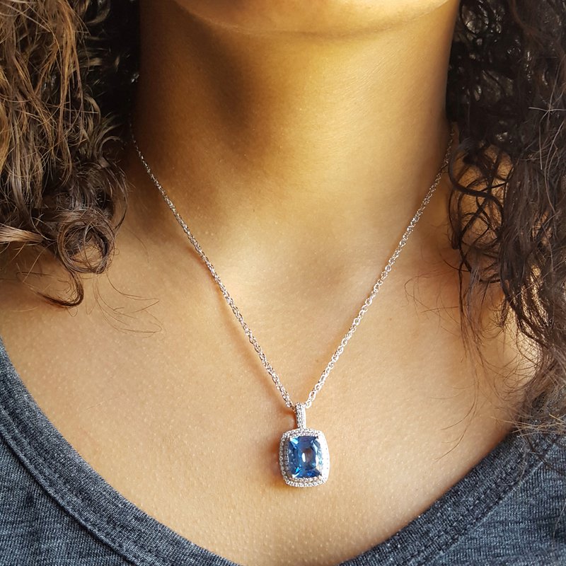 Sami Fine Jewelry Cushioned Blue Topaz DIamond Pendant