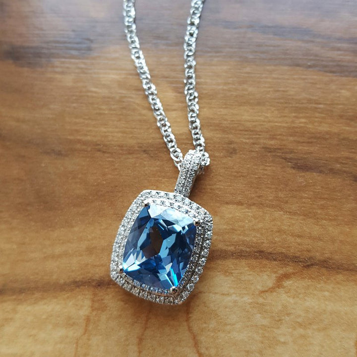 Sami Fine Jewelry Cushioned Blue Topaz DIamond Pendant