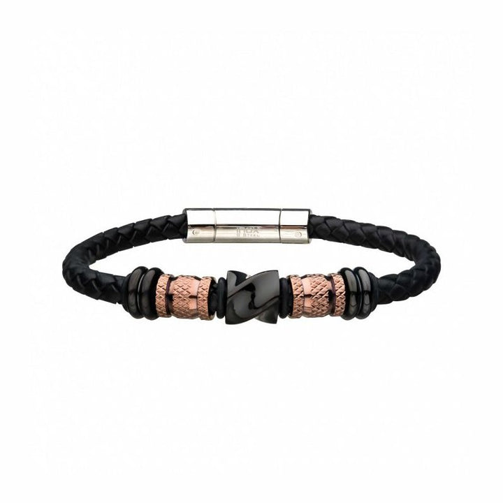 INOX Jewelry Black Braided Full Grain Cowhide Leather with Rose Gold & Black IP Beads Bracelet