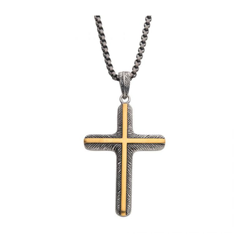 INOX Jewelry 18K Gold IP Inlay & Gun Metal IP Cross Pendant with Round Box Chain