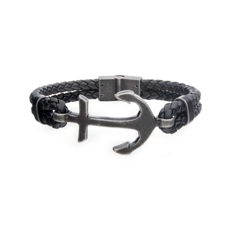 INOX Jewelry Black Antiqued Double Anchor Leather Bracelet BR2215